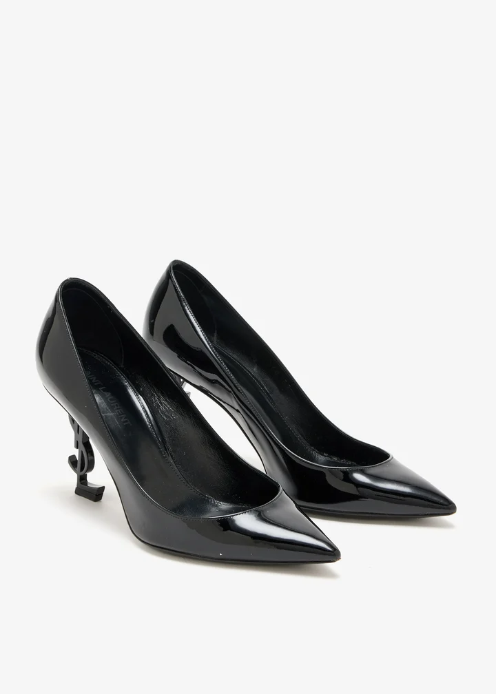 Saint Laurent Opyum 85 Pump — Black patent leather, YSL-shaped heel