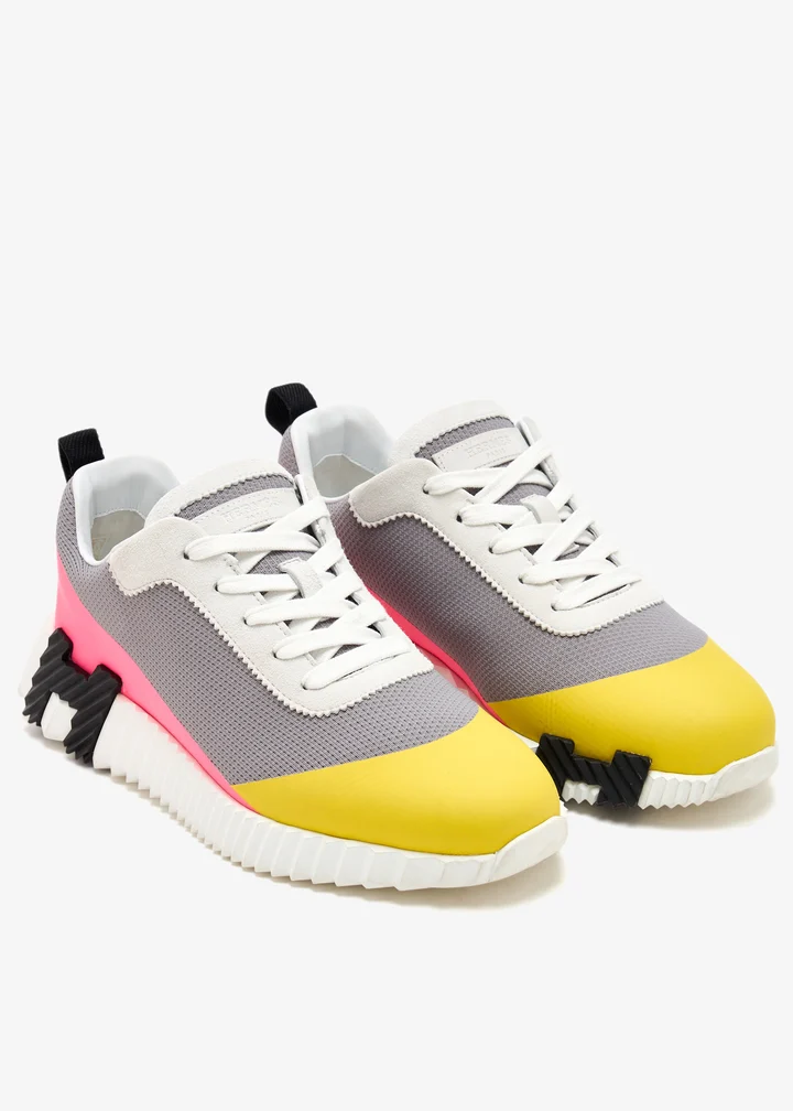 Hermès Bouncing Sneaker — Grey satin knit and suede goatskin, colour-blocked