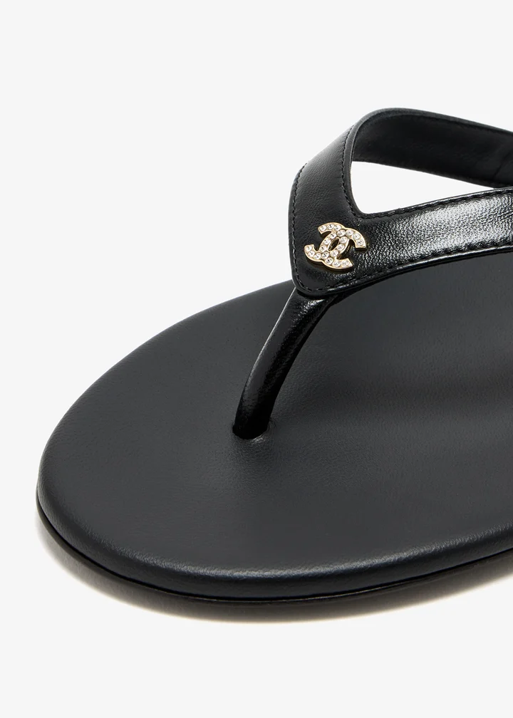 Chanel CC Thong Sandal — Black smooth leather, gold-tone CC