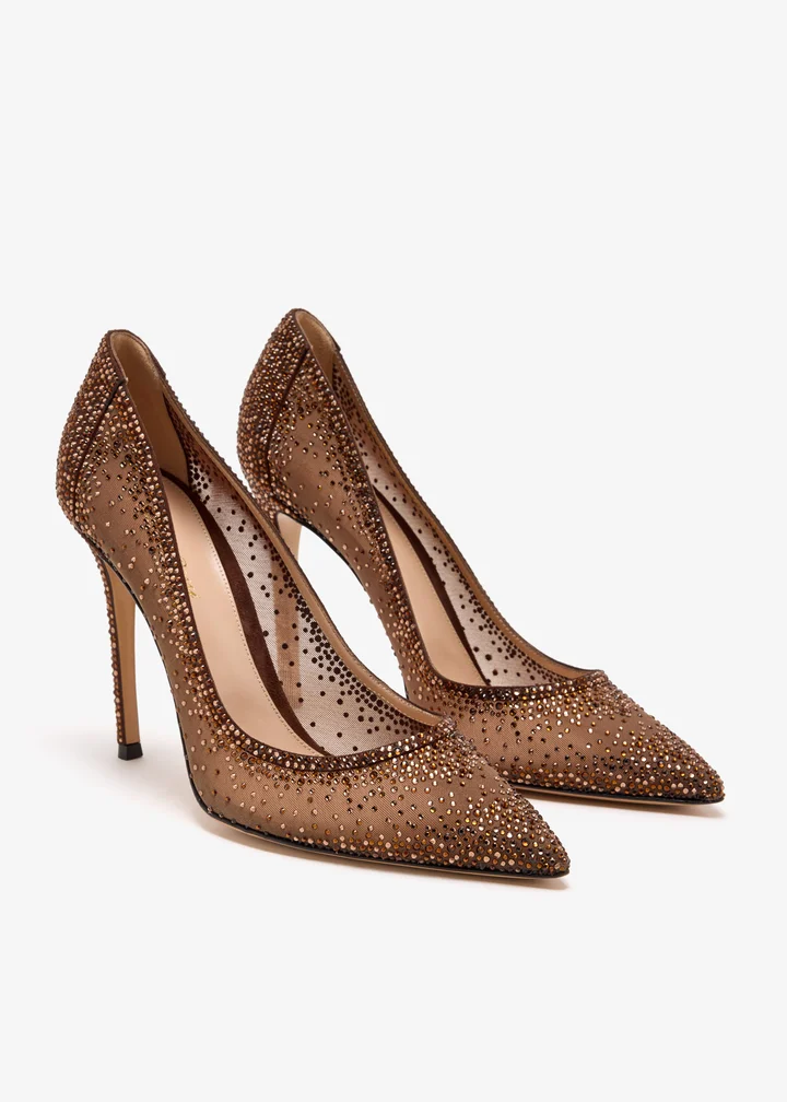 Gianvito Rossi Rania 105 Crystal Pump — Brown crystal-embellished mesh, suede trim
