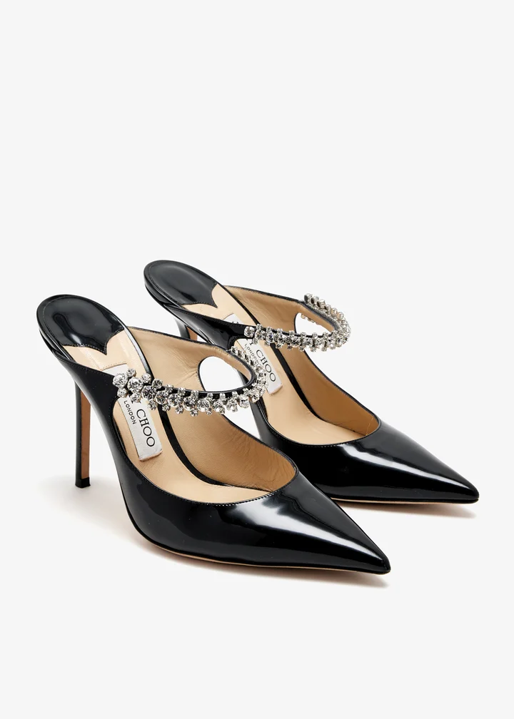 Jimmy Choo Bing 100 Mule — Black patent leather, crystal-embellished strap